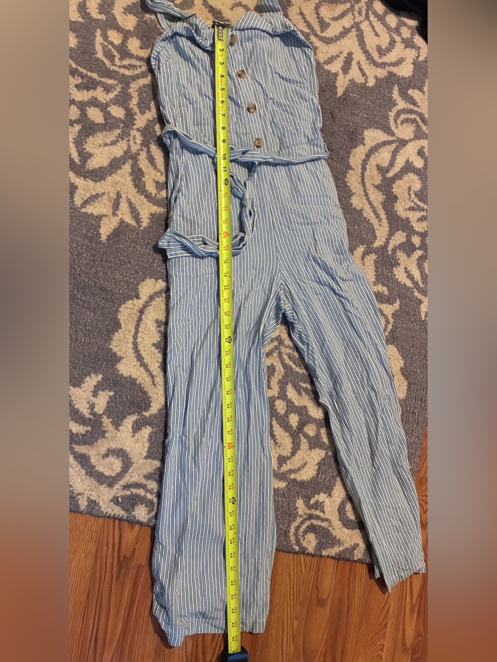 Linen Monteau Blue & White Striped Sleeveless Tie-Waist Jumpsuit - Picture 9 of 9